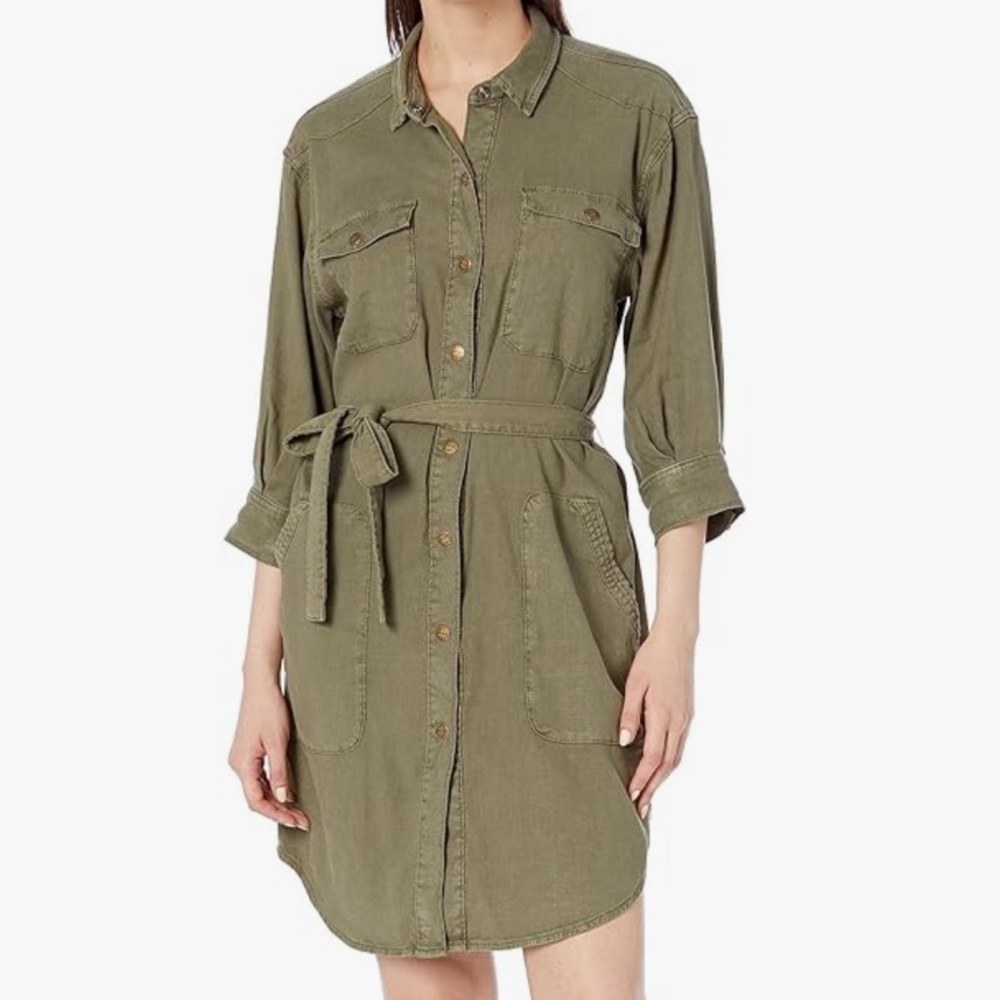 Current/Elliott Destiny Utility Button Down Dress with Belt in Basil Green